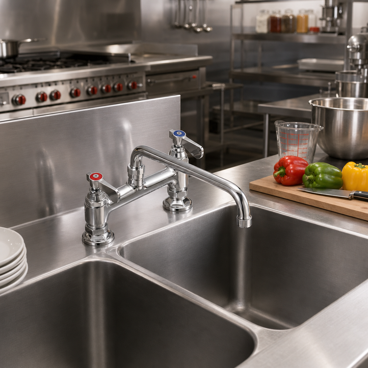 Product image #2 for OptiFlow Heavy Duty Manual Deck Mount Faucet with 6-Inch Swing Spout, 8-Inch Centers, Chrome Finish