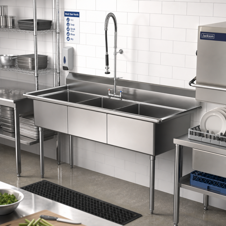 Product image #2 for 3-Compartment Stainless Steel Commercial Sink, 53 Inch W x 25-1/2 Inch D, 14 Inch Deep Bowls