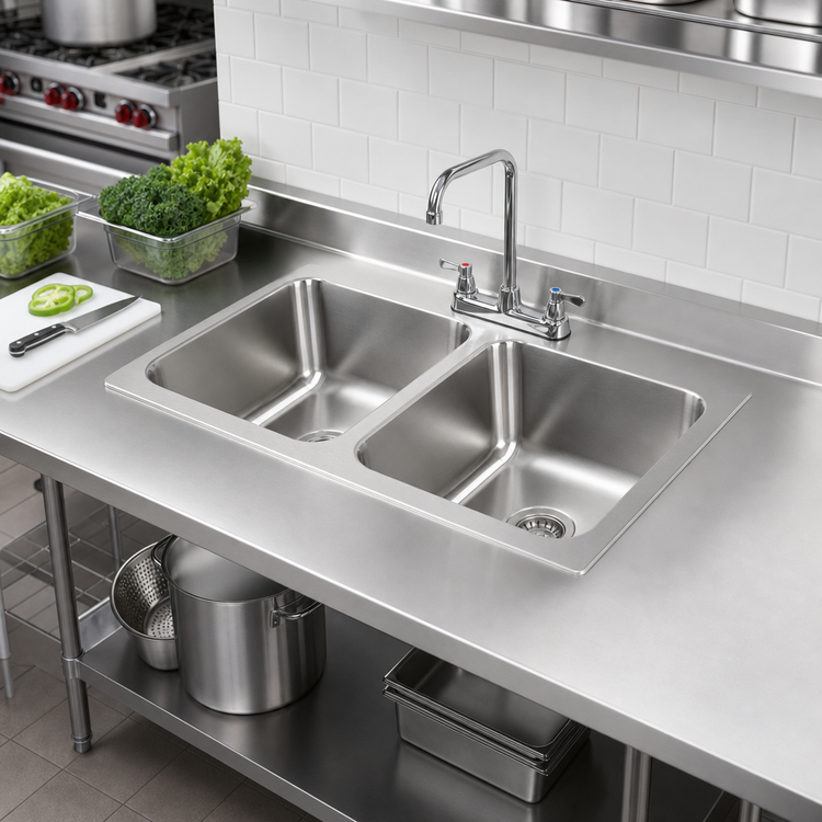 Product image #2 for Advance Tabco 45.5-Inch Wide 2-Compartment Drop-In Stainless Steel Sink with 8-Inch Swing Spout Faucet and Basket Drain