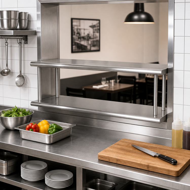 Product image #2 for BK Resources Double Tier Pass Through Shelf, 48 x 24 Inch, 304 Stainless Steel, 8 Inch Max Wall Thickness