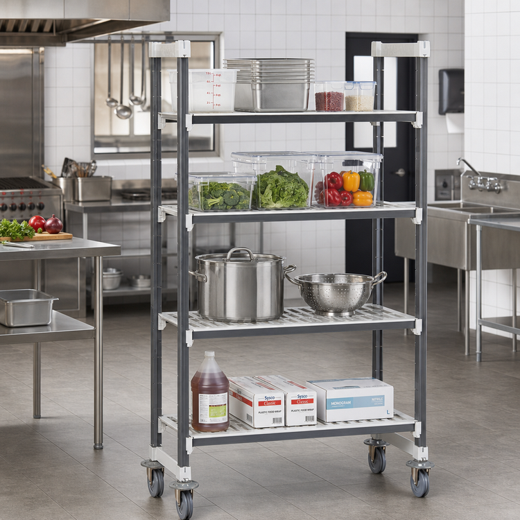 Product image #2 for Cambro Camshelving Elements XTRA High Density 4-Tier Mobile Starter Unit, 24 x 60 x 70-1/4 Inch, Vented, Speckled Gray