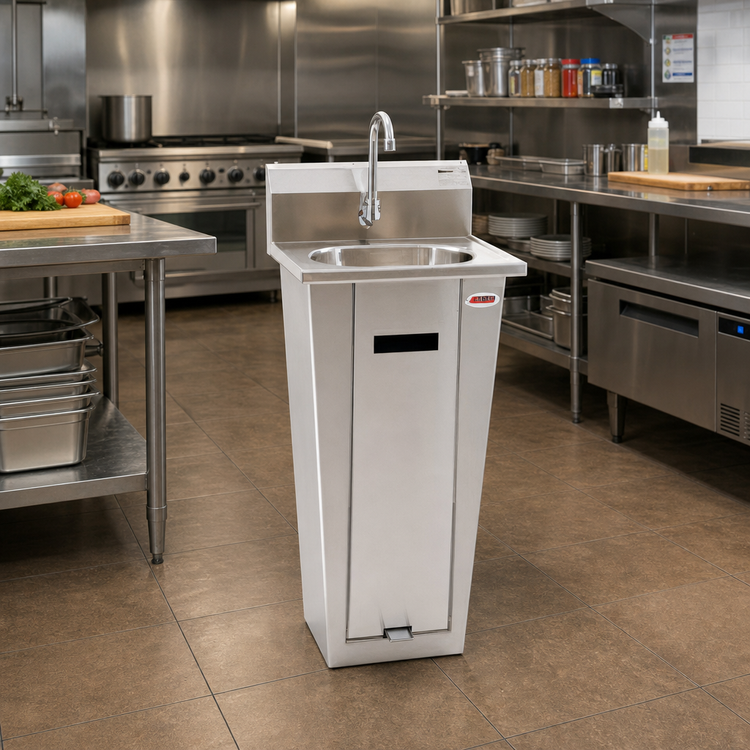 Product image #2 for Eagle Group Pedestal Foot-Operated Hand Sink with Gooseneck Spout and 13-1/2" x 9-3/4" x 6" Bowl