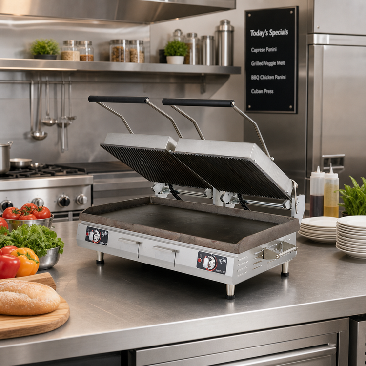 Product image #2 for Pro-Max 2.0 28-Inch Low-Profile Countertop Panini Sandwich Grill with Grooved Top and Smooth Bottom Cast Iron Plates