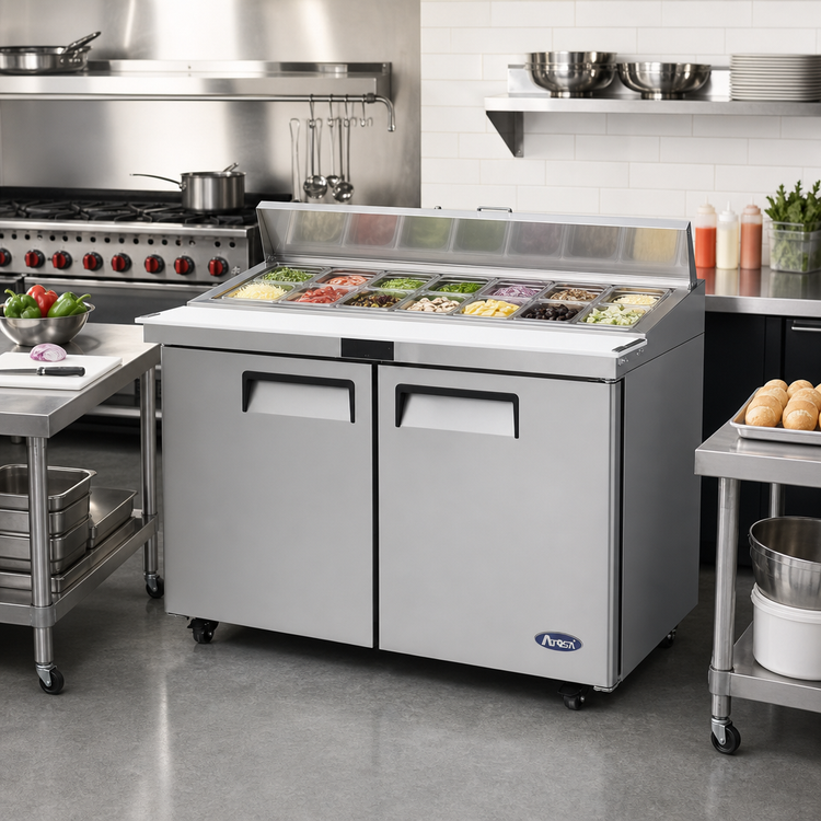Product image #2 for Atosa Two-Section Mega Top Sandwich/Salad Prep Table Refrigerator with 18 1/6 Pans, 48-1/5 Inch Wide, 13.4 Cu. Ft., Rear-Mounted Self-Contained Refrigeration