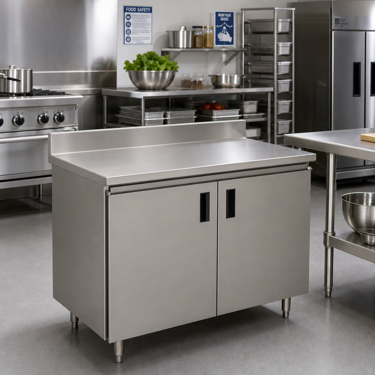 Product image #2 for Advance Tabco Special Value Economy Enclosed Work Table, 60" x 24", Cabinet Base, 16-Gauge 304 Stainless Steel Top, 5" Backsplash