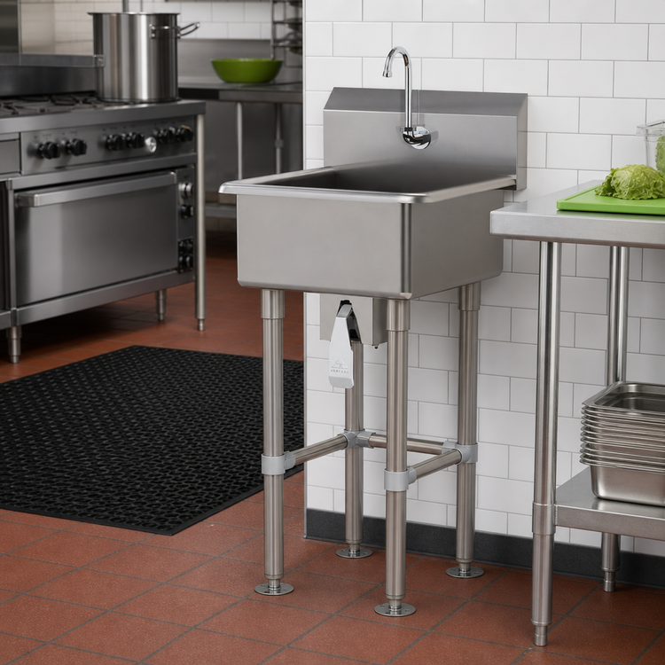Product image #2 for Advance Tabco Freestanding Stainless Steel Service Sink with Knee Valve, Gooseneck Spout, and 24 x 18 x 8 Inch Bowl