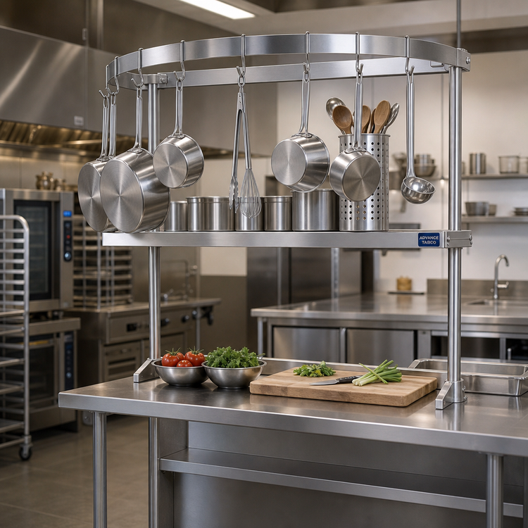 Product image #2 for Advance Tabco 36-Inch Table-Mounted Semi-Circular Stainless Steel Pot Rack with 12 Hooks and Utensil Rack