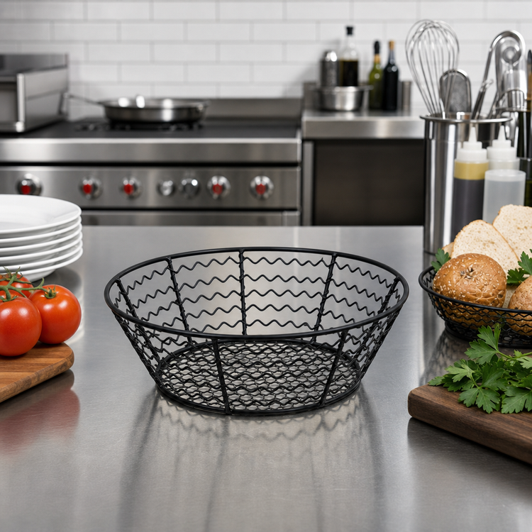 Product image #2 for 8-Inch Round Wavy-Sided Mesh Serving Basket, Wrought Iron, Black