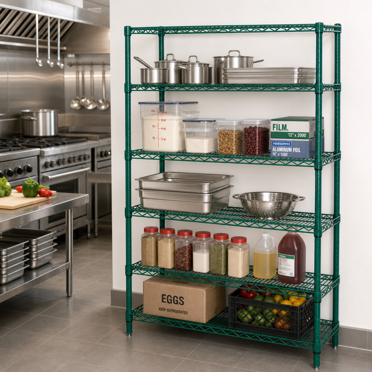 Product image #2 for Quantum 36"W x 18"D x 54"H Wire Shelving Starter Kit with 5 Shelves, Green Epoxy Coated