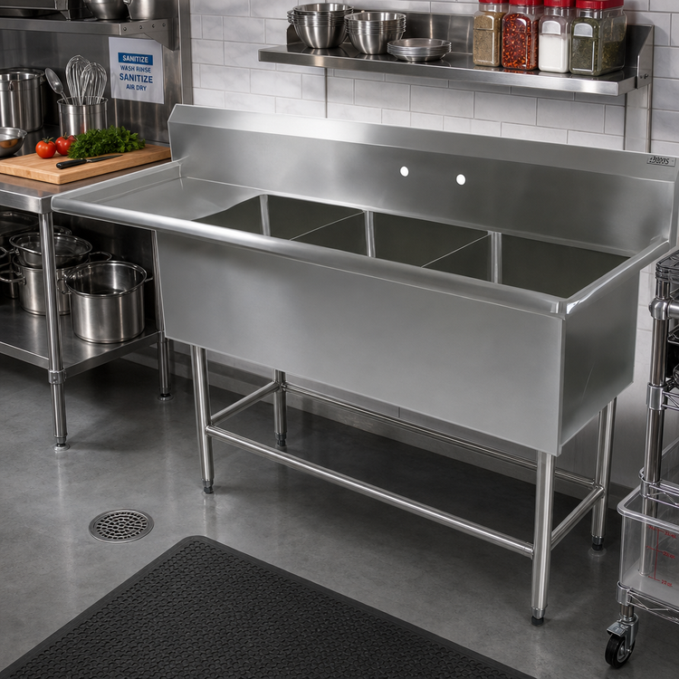 Product image #2 for John Boos Pro-Bowl 3-Compartment Sink with 18-Inch Left Drainboard, 20 x 20 x 14-Inch Bowls, 16-Gauge Stainless Steel