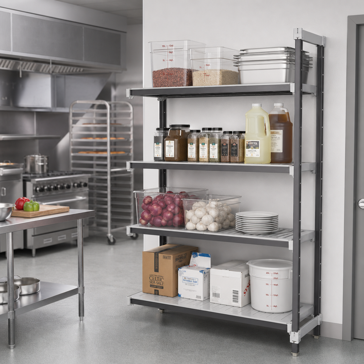 Product image #2 for Cambro Camshelving Elements XTRA 4-Tier Stationary Add-On Polymer Shelving Unit, 18 x 48 x 84 Inches, Vented and Solid, Speckled Gray