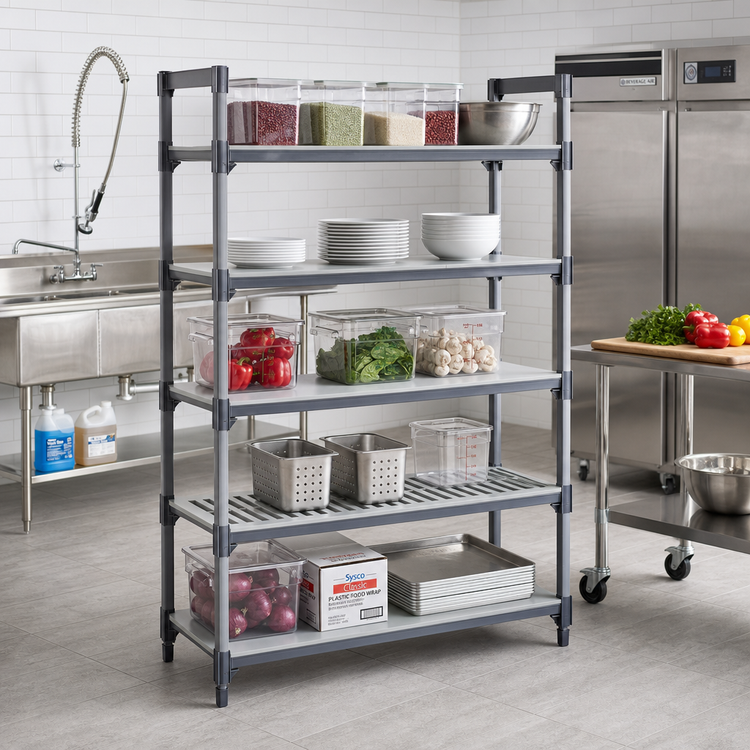 Product image #2 for Cambro Camshelving Basics Plus 18 x 42 Inch Stationary 5-Shelf Solid & Vented Shelf Kit, Brushed Graphite