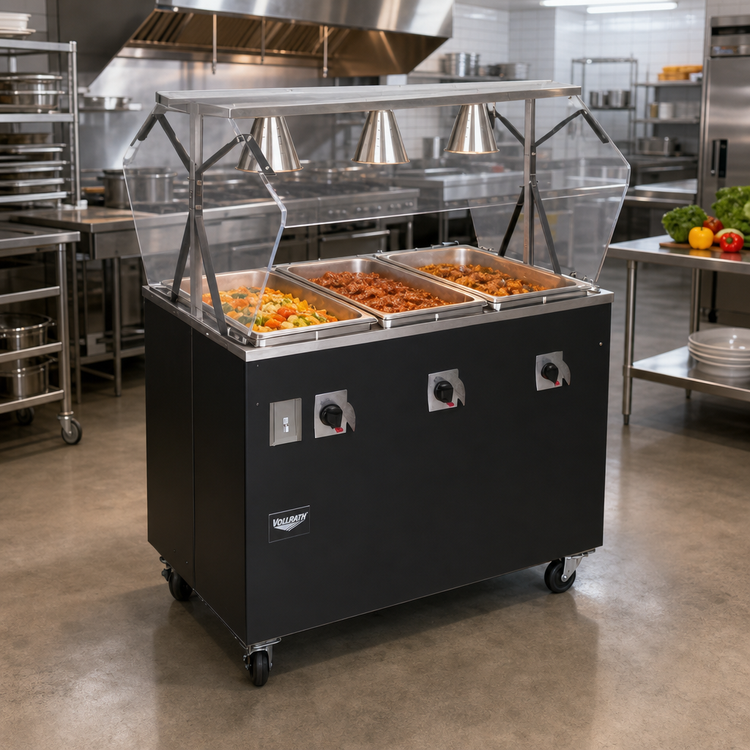 Product image #2 for Vollrath 2-Series Affordable Portable Deluxe 3-Well Mobile Hot Food Station with Lighted Breath Guard
