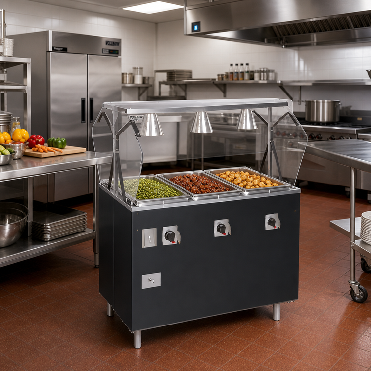 Product image #2 for Vollrath 2-Series Affordable Portable Deluxe 3-Well Mobile Hot Food Station with Lighted Breath Guard