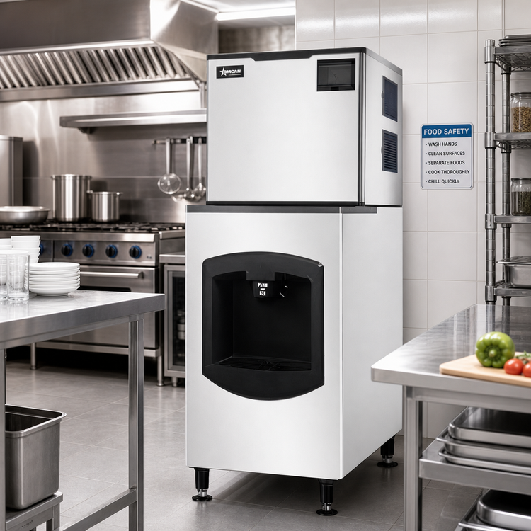 Product image #2 for Omcan Cube-Style Floor Model Ice Maker/Dispenser with 220 lb Built-In Bin and Self-Contained Condenser