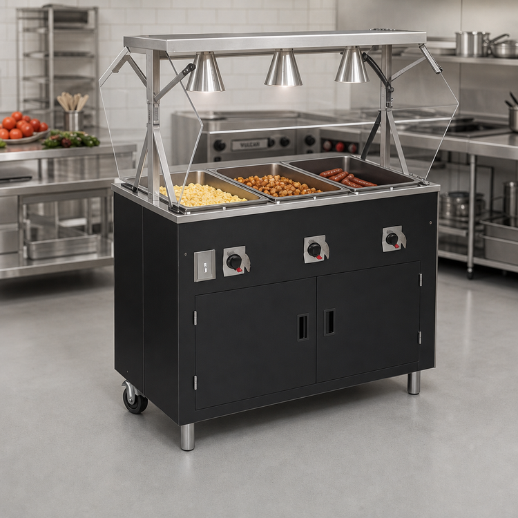 Product image #2 for Vollrath 2-Series Affordable Portable Deluxe 3-Well Mobile Hot Food Station with Sealed Wells, Lighted Buffet Breath Guard, and Storage Doors