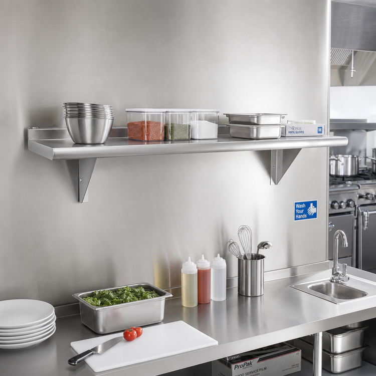 Product image #2 for Advance Tabco 144-Inch x 15-Inch Wall-Mounted 18-Gauge 430 Stainless Steel Shelf, Satin Finish