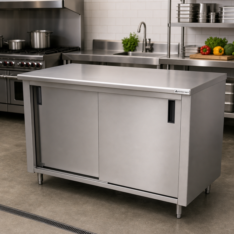 Product image #2 for Advance Tabco Special Value 96-Inch x 24-Inch Enclosed Cabinet Base Work Table with Sliding Doors, Mid-Shelf, and 16-Gauge 304 Stainless Steel Top