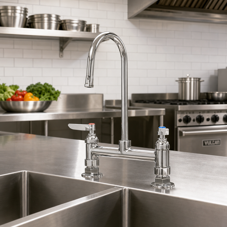 Product image #2 for Commercial Deck-Mount Low-Lead Faucet with 8" Centers, Rigid Gooseneck Spout and Lever Handles