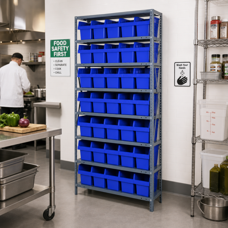Product image #2 for Quantum Heavy-Duty Stationary Wire Shelving Unit with 8 Shelves and 35 Storage Bins, 36 x 12 x 75 Inches