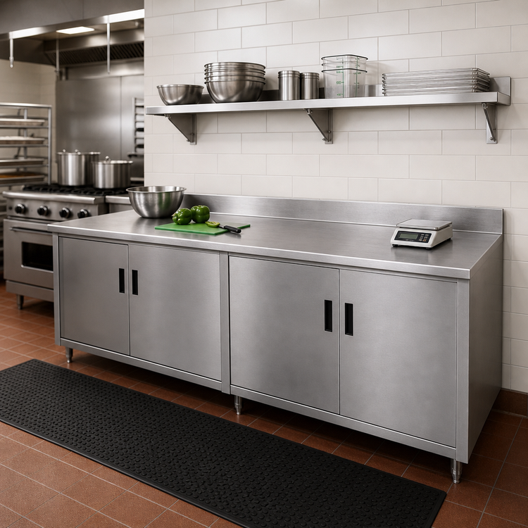 Product image #2 for Advance Tabco Special Value Economy Enclosed Work Table with Cabinet Base, 96 x 24 Inches, 304 Stainless Steel Top, 5 Inch Backsplash