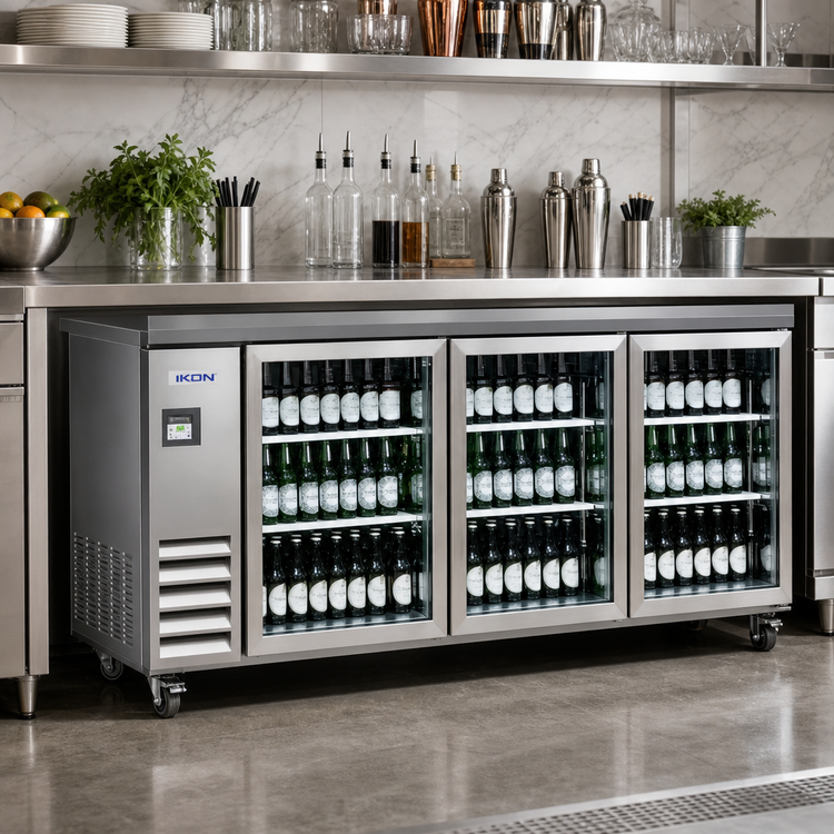 Product image #2 for IKON Refrigeration Three-Section Glass Door Back Bar Cooler, 73.1-Inch, Stainless Steel, Left-Side Self-Contained