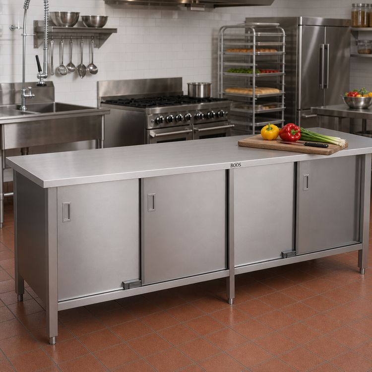 Product image #2 for John Boos Enclosed Stainless Steel Work Table with Sliding Doors and Undershelf, 96 x 24 Inches