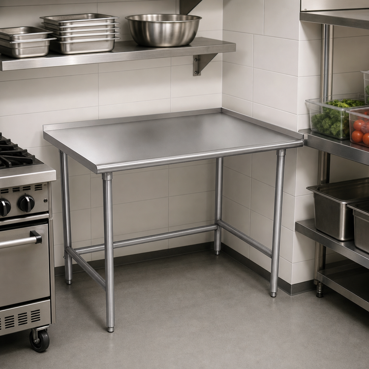 Product image #2 for Advance Tabco Special Value Series 30 x 30 Inch Corner Stainless Steel Work Table with 16-Gauge 304 Top, Open Base, and 1-1/2 Inch Rear Up-Turn