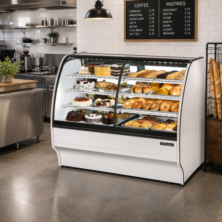 Product image #2 for True Manufacturing 59-1/4 Inch Dual Zone Curved Glass Full-Service Glass Merchandiser with Self-Contained Refrigeration, White