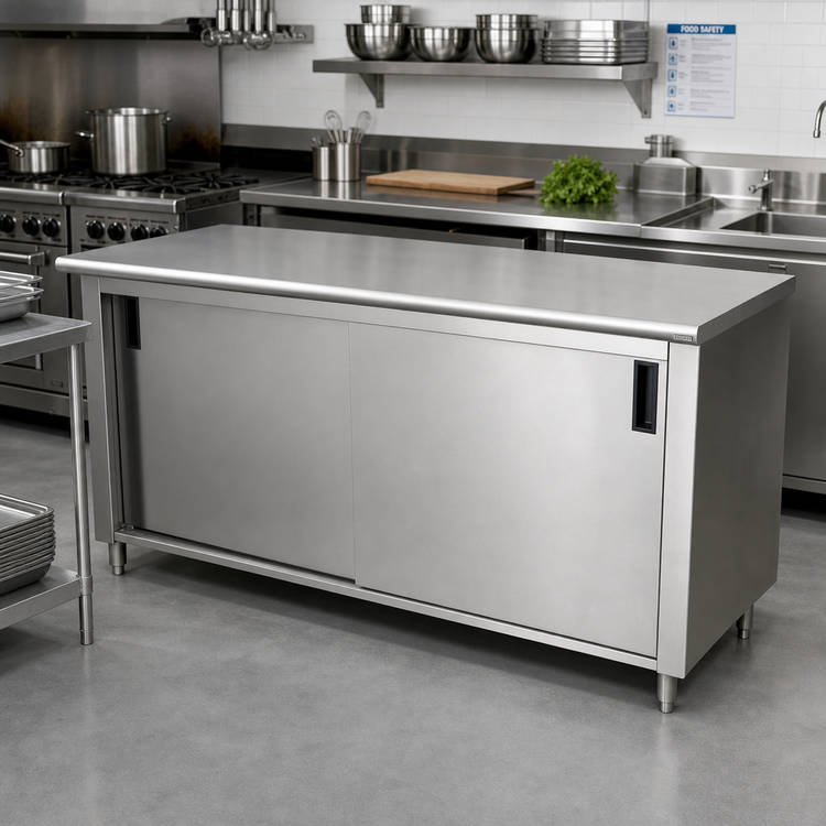 Product image #2 for Advance Tabco Enclosed Cabinet Base Work Table with Sliding Doors, 120" W x 30" D, 14-Gauge 304 Stainless Steel Top