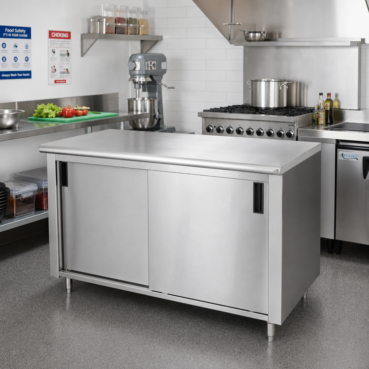 Product image #2 for Advance Tabco 48 Inch x 30 Inch Cabinet Base Enclosed Work Table with Sliding Doors, 14 Gauge 304 Stainless Steel Top