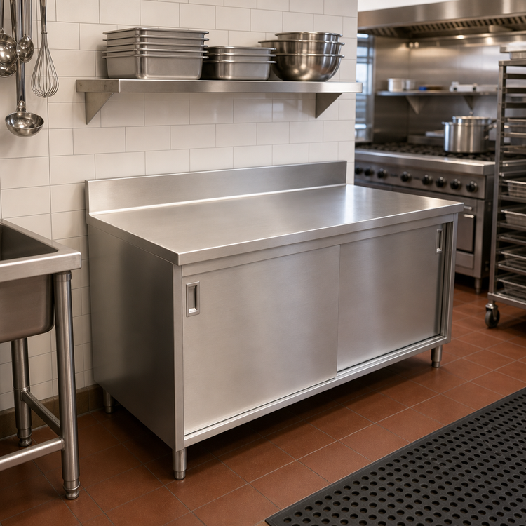 Product image #2 for 48-Inch W x 24-Inch D Enclosed Stainless Steel Work Table with Cabinet Base, Sliding Doors, and 6-Inch Backsplash