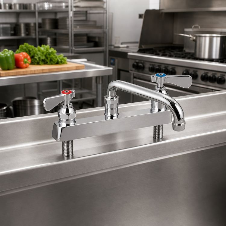 Product image #2 for BK Resources OptiFlow 8-Inch Center Deck Mount Heavy Duty Solid Body Faucet with 14-Inch Swing Spout