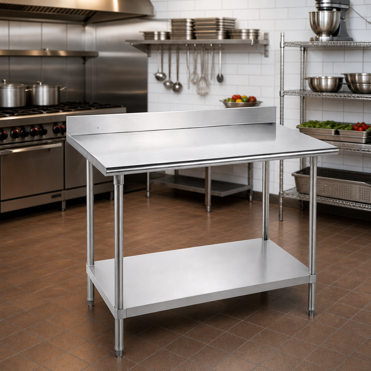 Product image #2 for Advance Tabco 48 x 30 Inch Stainless Steel Work Table with 5-Inch Backsplash and Adjustable Undershelf
