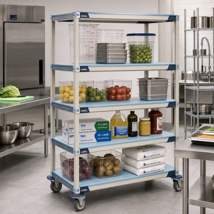 Product image #2 for MetroMax i Blue Mobile Polymer Shelving Starter Unit with 4 Solid Mat Shelves, 60"W x 24"D x 69"H