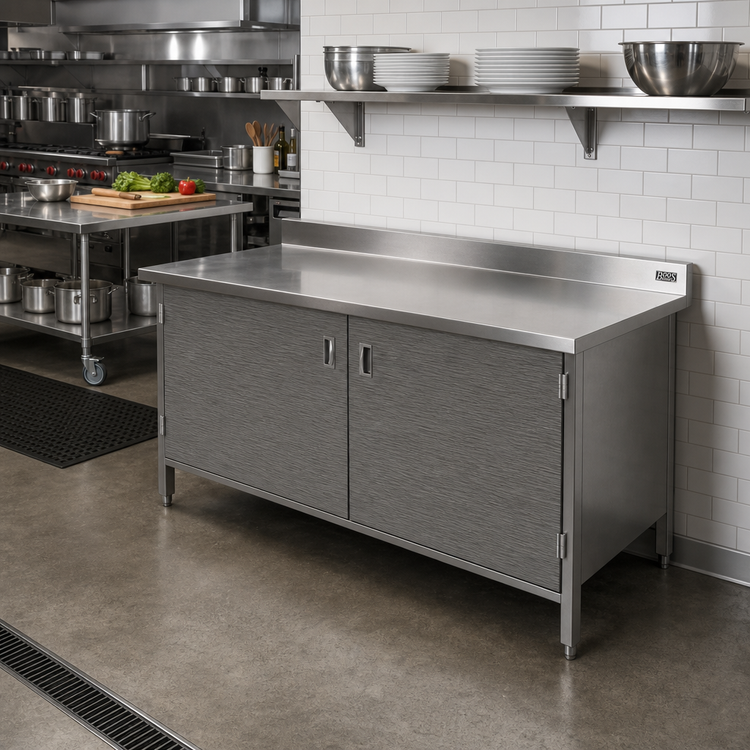 Product image #2 for John Boos Enclosed Base Work Table with Hinged Doors, 72-Inch W x 24-Inch D, 16-Gauge Stainless Steel Top, 5-Inch Backsplash