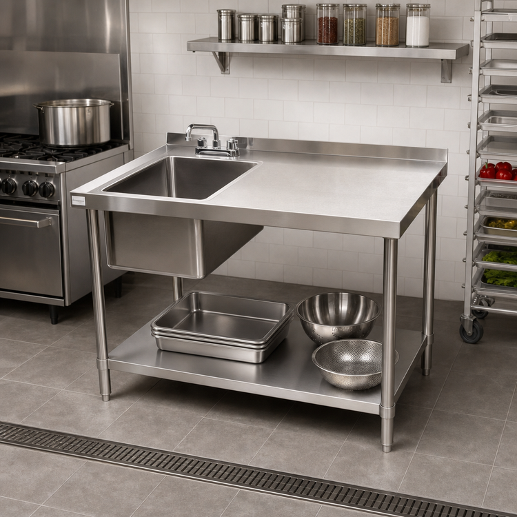 Product image #2 for Klinger's Trading 48-Inch Stainless Steel Work Table with Left-Side Prep Sink, Backsplash, and Undershelf