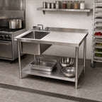 Thumbnail image #2 for Klinger's Trading STB2448BL 48-Inch Stainless Steel Sink Table with Left-Side Sink, 18-Gauge 304 Top, Backsplash, and Adjustable Undershelf