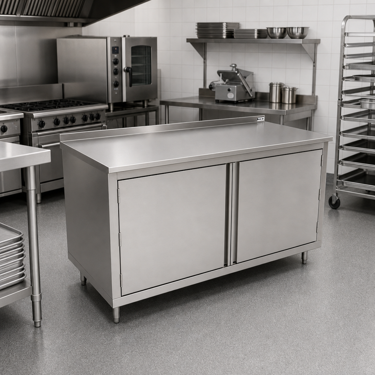 Product image #2 for John Boos Enclosed Work Table Cabinet Base with Hinged Doors, 84 x 30 Inch, 16-Gauge Stainless Steel Top, 1-1/2 Inch Rear Riser