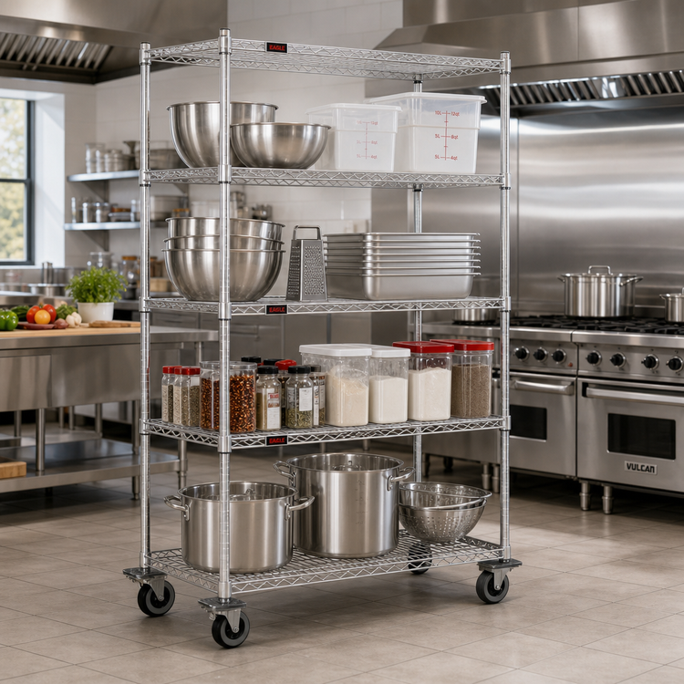 Product image #2 for Eagle Group 4-Tier Chrome Wire Dolly Truck Shelving Unit, 60" x 24" Shelves