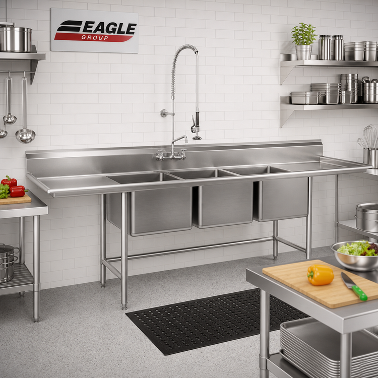 Product image #2 for Eagle Group S16 Series 3-Compartment Stainless Steel Sink with Left and Right Drainboards, 103-Inch Wide