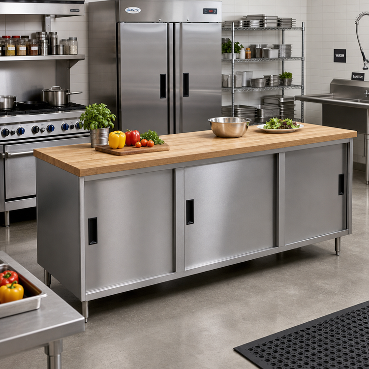 Product image #2 for BK Resources 96" x 36" Hard Maple Wood Top Chef Table with Stainless Steel Cabinet Base and Sliding Doors