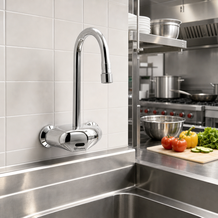 Product image #2 for ChekPoint Electronic Touchless Wall Mount Faucet with 4-Inch Centers and 4-1/8-Inch Rigid Gooseneck