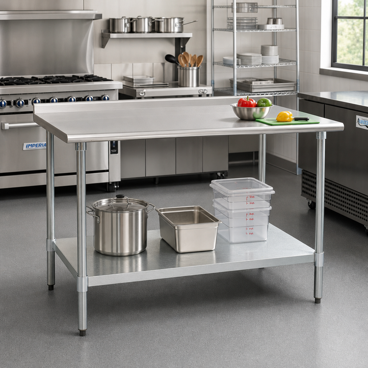 Product image #2 for Eagle Deluxe Series 84"W x 36"D 16-Gauge 300 Series Stainless Steel Work Table with Rear Upturn and Adjustable Galvanized Undershelf