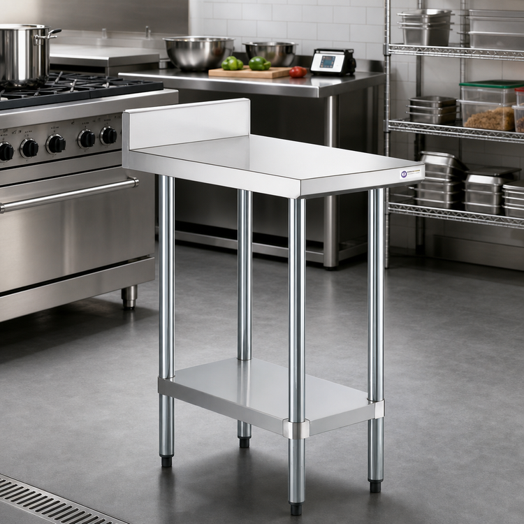 Product image #2 for Steel Works Stainless 15" x 30" Commercial Work Table with 304 Stainless Steel Top, 2" Backsplash, and Undershelf