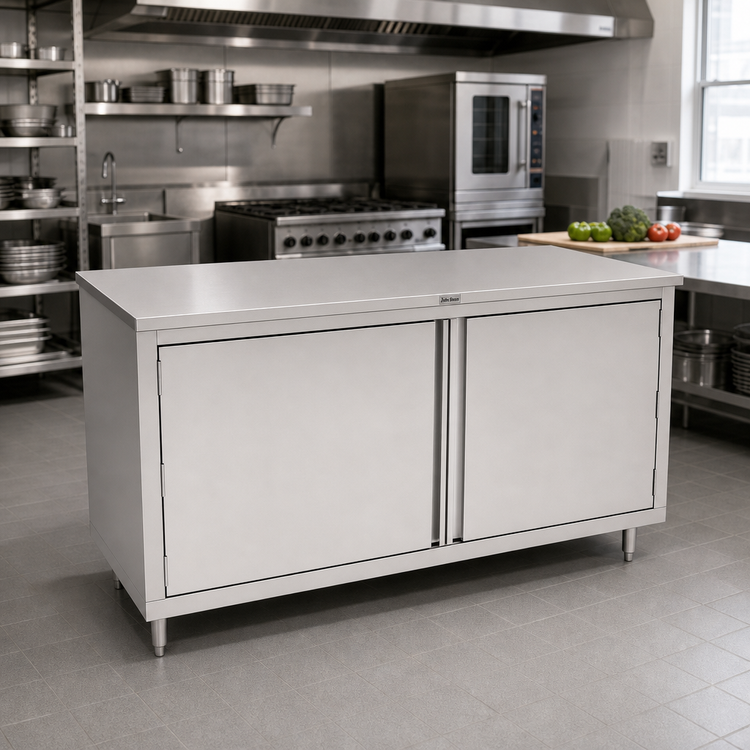 Product image #2 for John Boos 72-Inch x 30-Inch Stainless Steel Enclosed Work Table with Cabinet Base and Hinged Doors