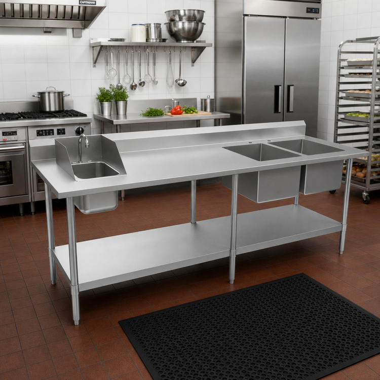 Product image #2 for 96-Inch Stainless Steel Sink Table with Right-Side Dual Prep Bowls and Hand Sink
