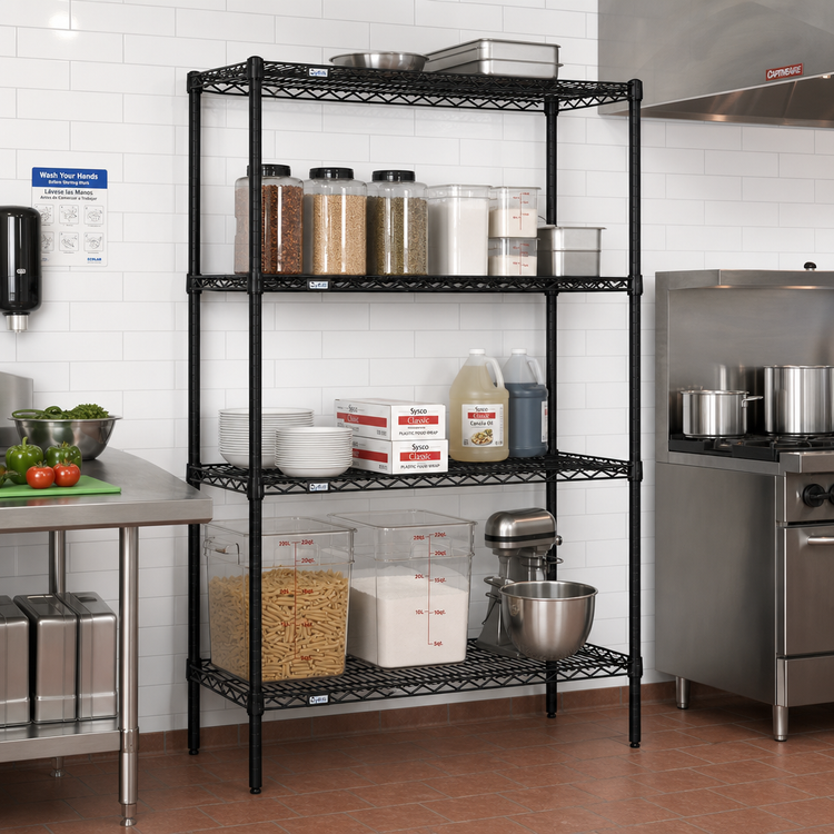 Product image #2 for Quantum Stationary Wire Shelving Starter Kit, 36" W x 14" D x 74" H, 4 Shelves, Black Epoxy Antimicrobial Finish