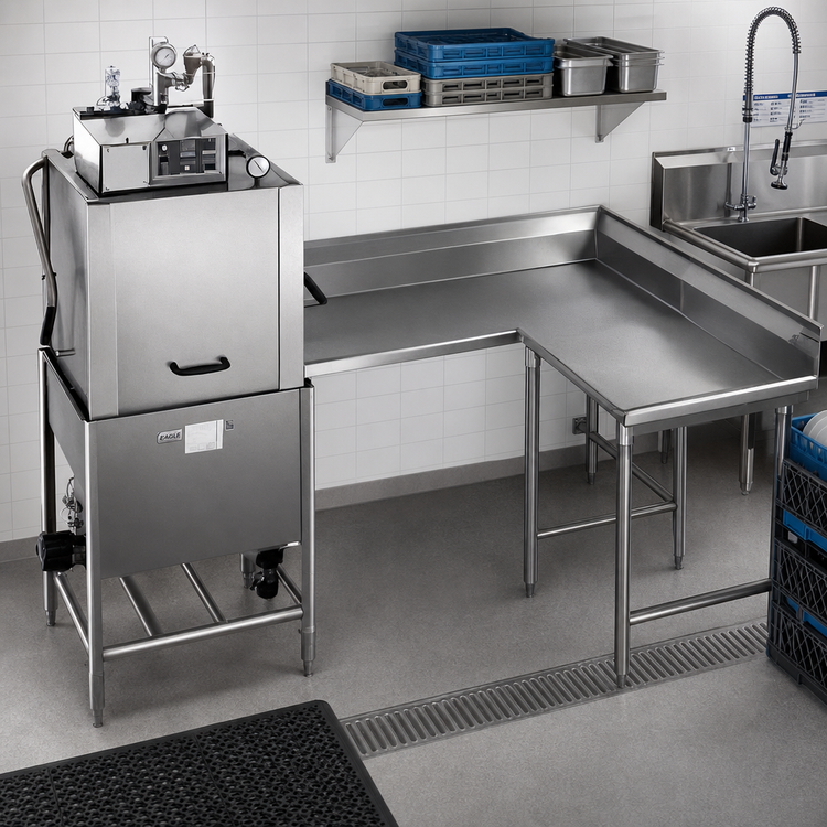Product image #2 for Eagle Group Right-Hand Corner Clean Dishtable, 120-Inch Machine-to-Corner x 60-Inch Corner-to-End, 16-Gauge 430 Stainless Steel Top