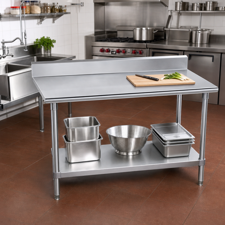 Product image #2 for Advance Tabco 48"W x 24"D 14-Gauge 304 Stainless Steel Work Table with 5" Backsplash and Adjustable Undershelf